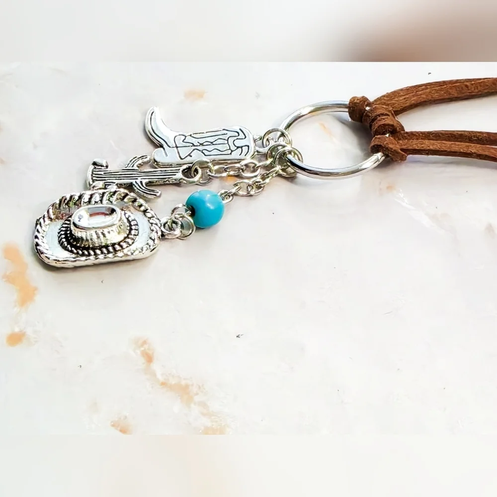 ​Brown Suede Western Choker Necklace Silver Cowboy Boot Hat & Cactus Charms
